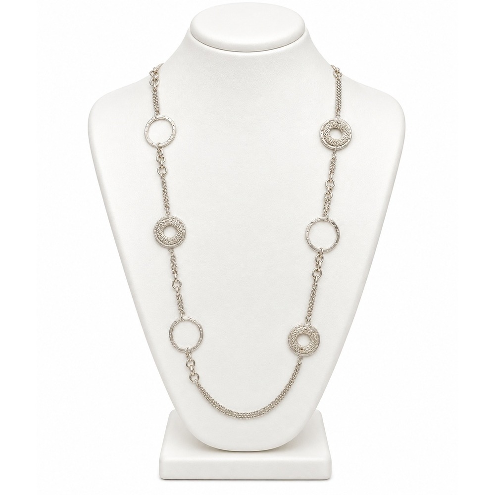 LOFT Gold Tone Rope Chain Long Mesh and Hammered Circle Necklace 38" Boho